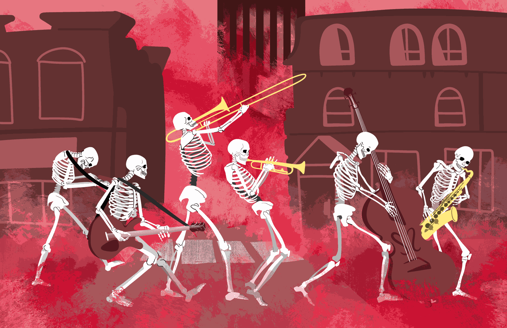 A marching band of skeletons in a hellish landscape.