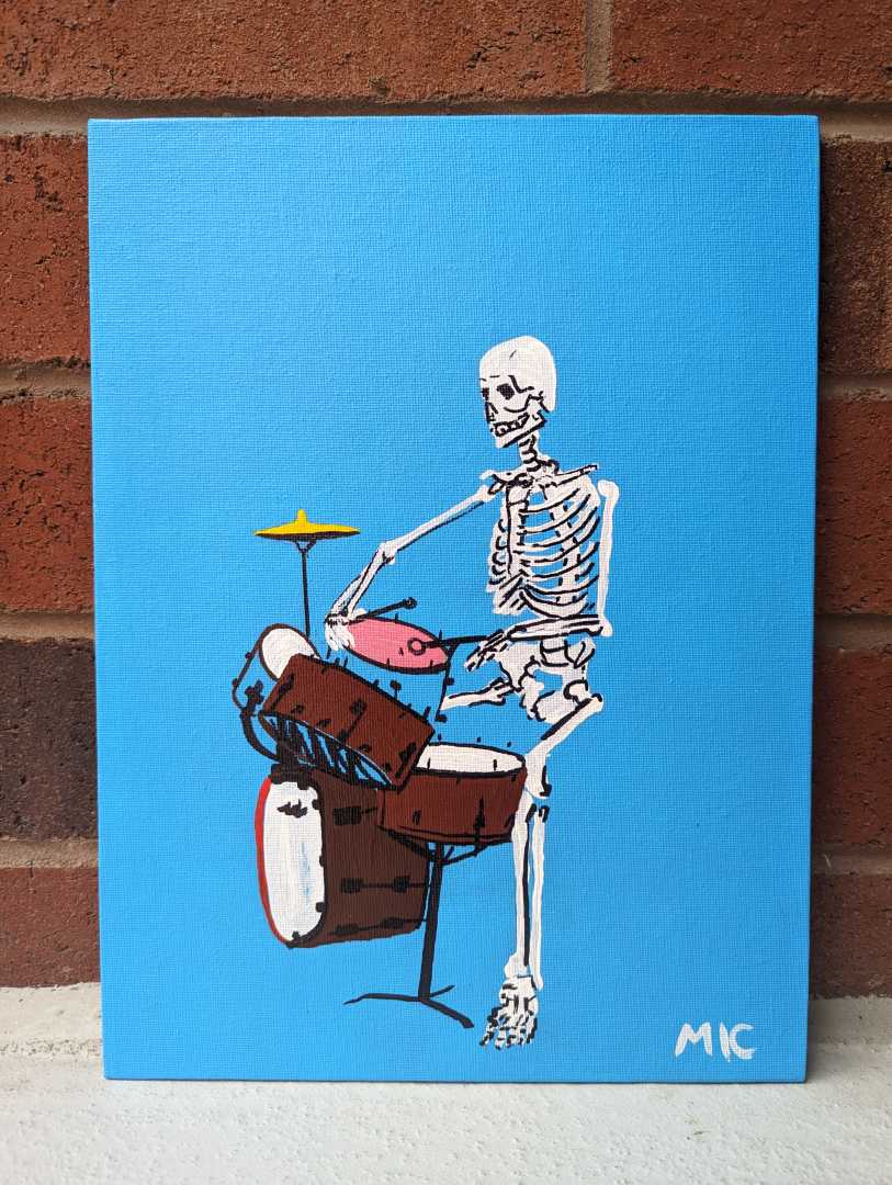 A painting of a skeleton playing the drums.