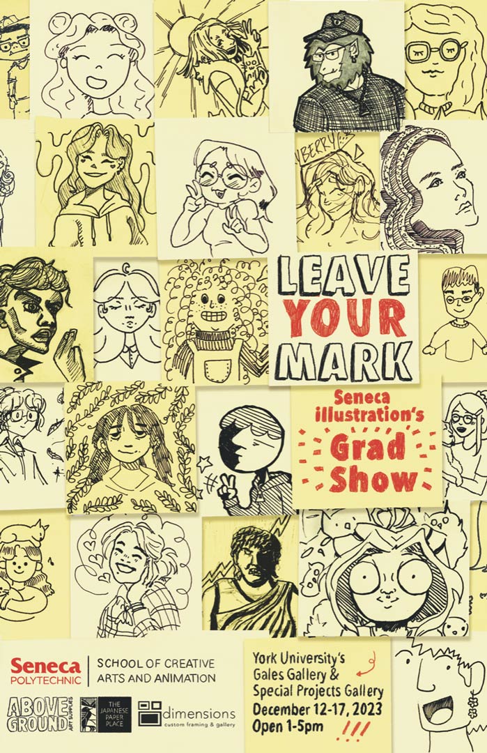 The poster to promote the grad show, made by fellow graduate Emily Archer. Yellow sticky notes with student portraits.