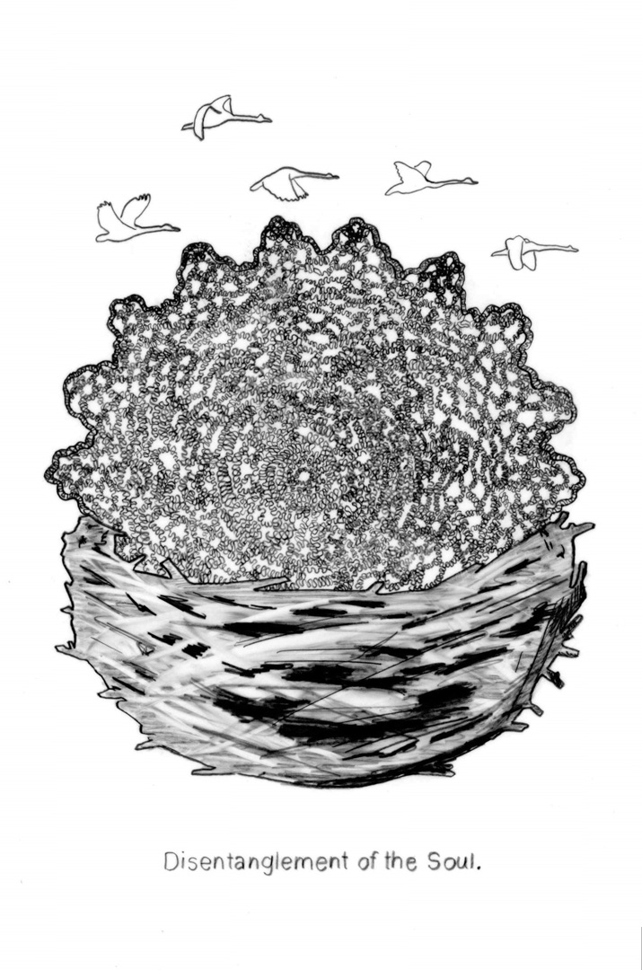 A detailed drawing of a small completed doily with intricate patterns, resting in a bird nest. Five swans fly above in the background.