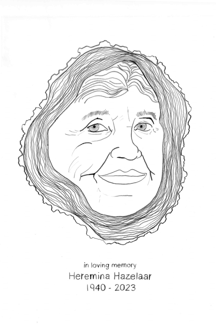 Portrait of Heremina Hazelaar, Oma of the artist. Her portrait is surrounded by intricate tree rings symbolising each year of her life.