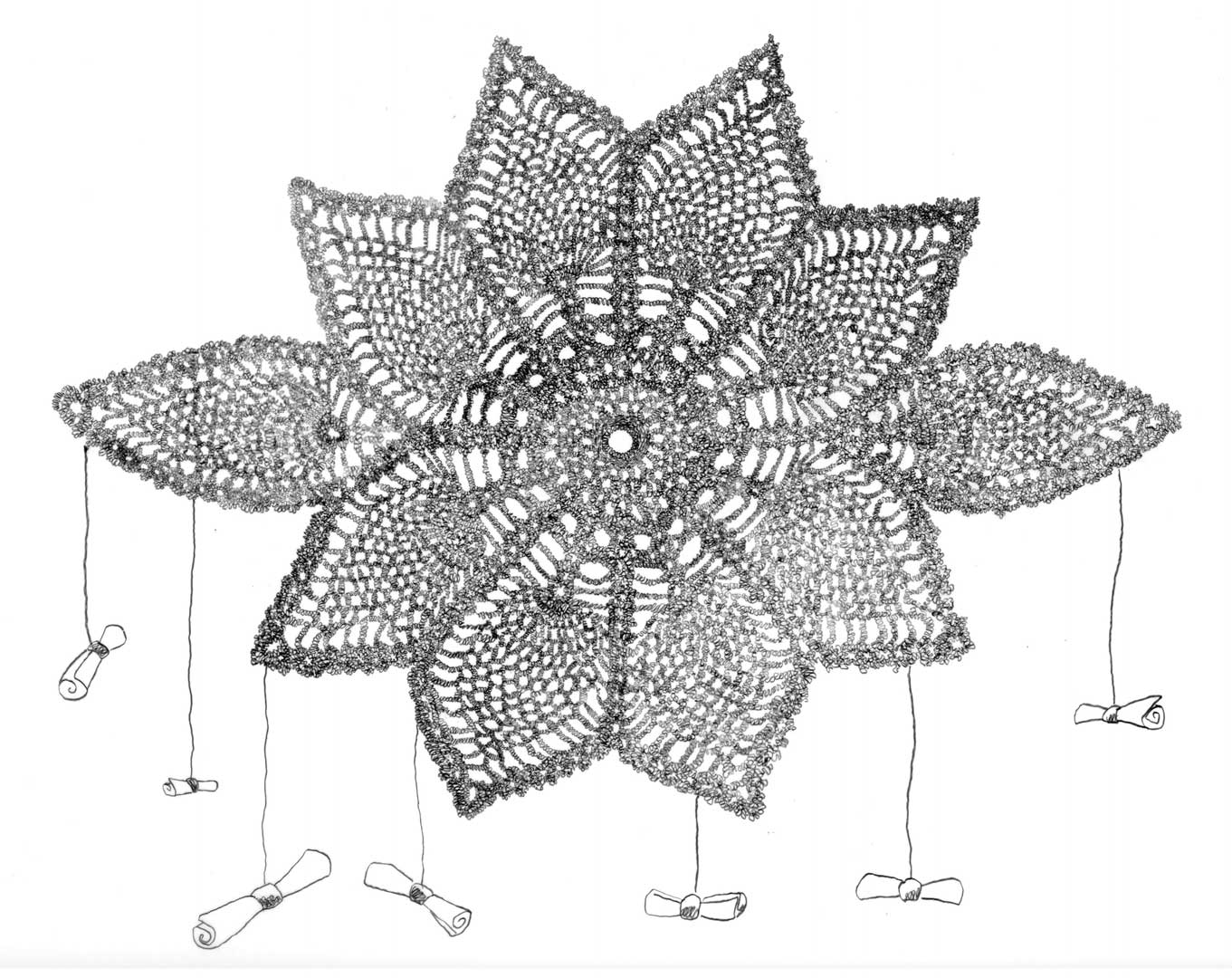 A large doily drawn with detailed squiggly lines and patterns. Rolled scrolls of paper are drawn hanging below the doily, attached by string, symbolizing the messages we wish to send to those we've lost.