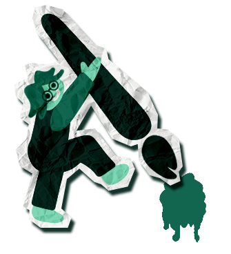 Paper Patchy sitting down with a book in his hands.